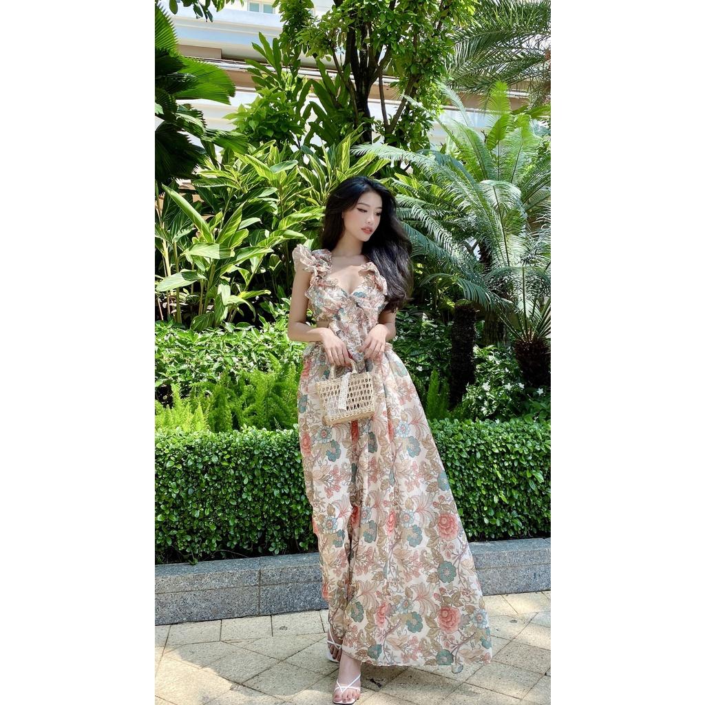 Đầm maxi dáng dài buộc nơ lung hoạ tiết hoa nhiệt đới