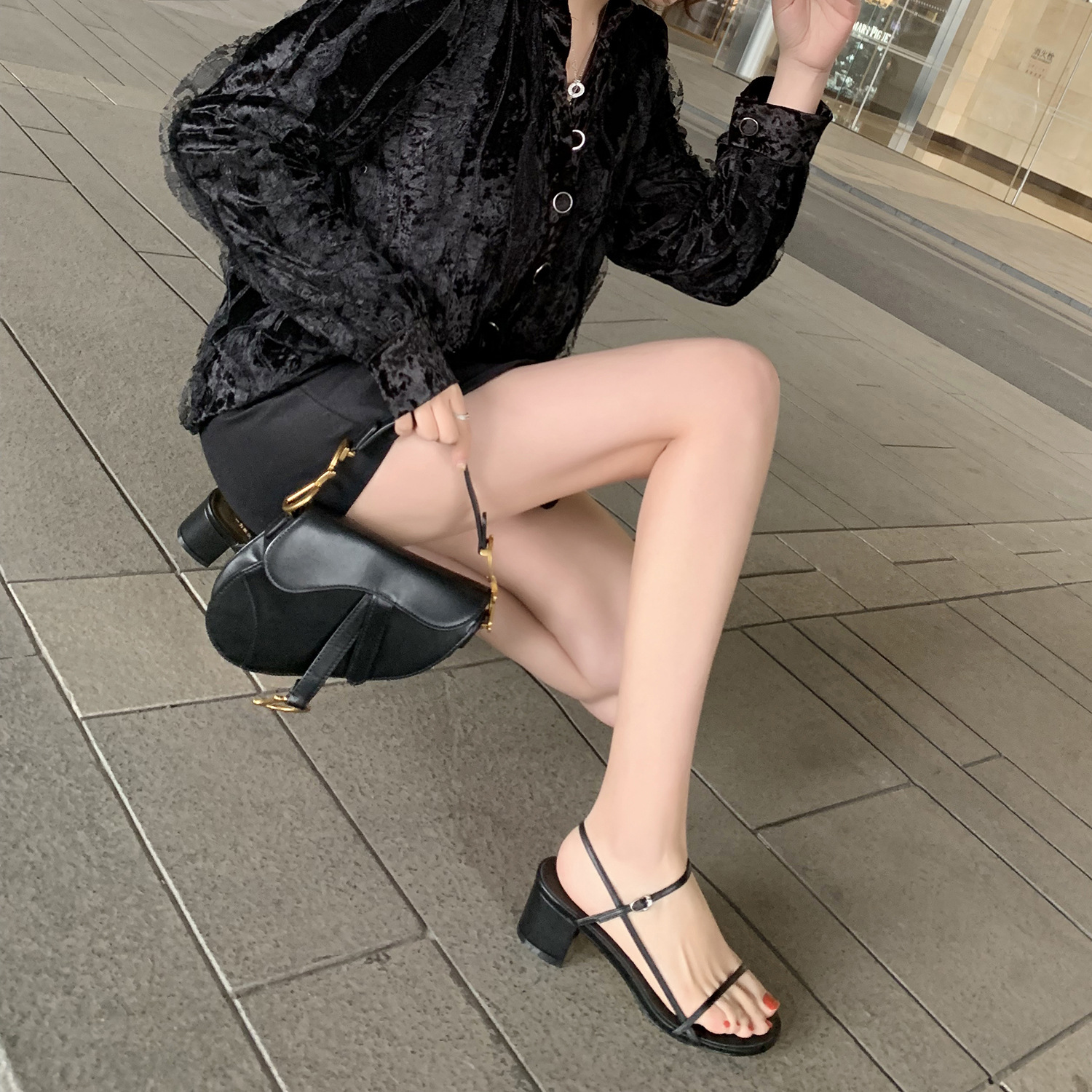 Giày Cao Gót Sandal Nữ Đẹp Gót 5 phân Da Mờ Cao Cấp Phong Cách Hàn Quốc Thiết Kế Dây Ngang Mảnh Phối Quai Cài Hở Đầu Gót Đế Vuông