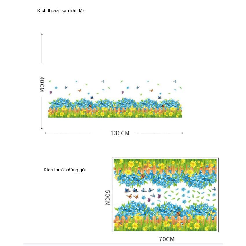 Decal dán tường trang trí - CHÂN TƯỜNG HÀNG RÀO HOA BƯỚM XANH NGỌC BÍCH