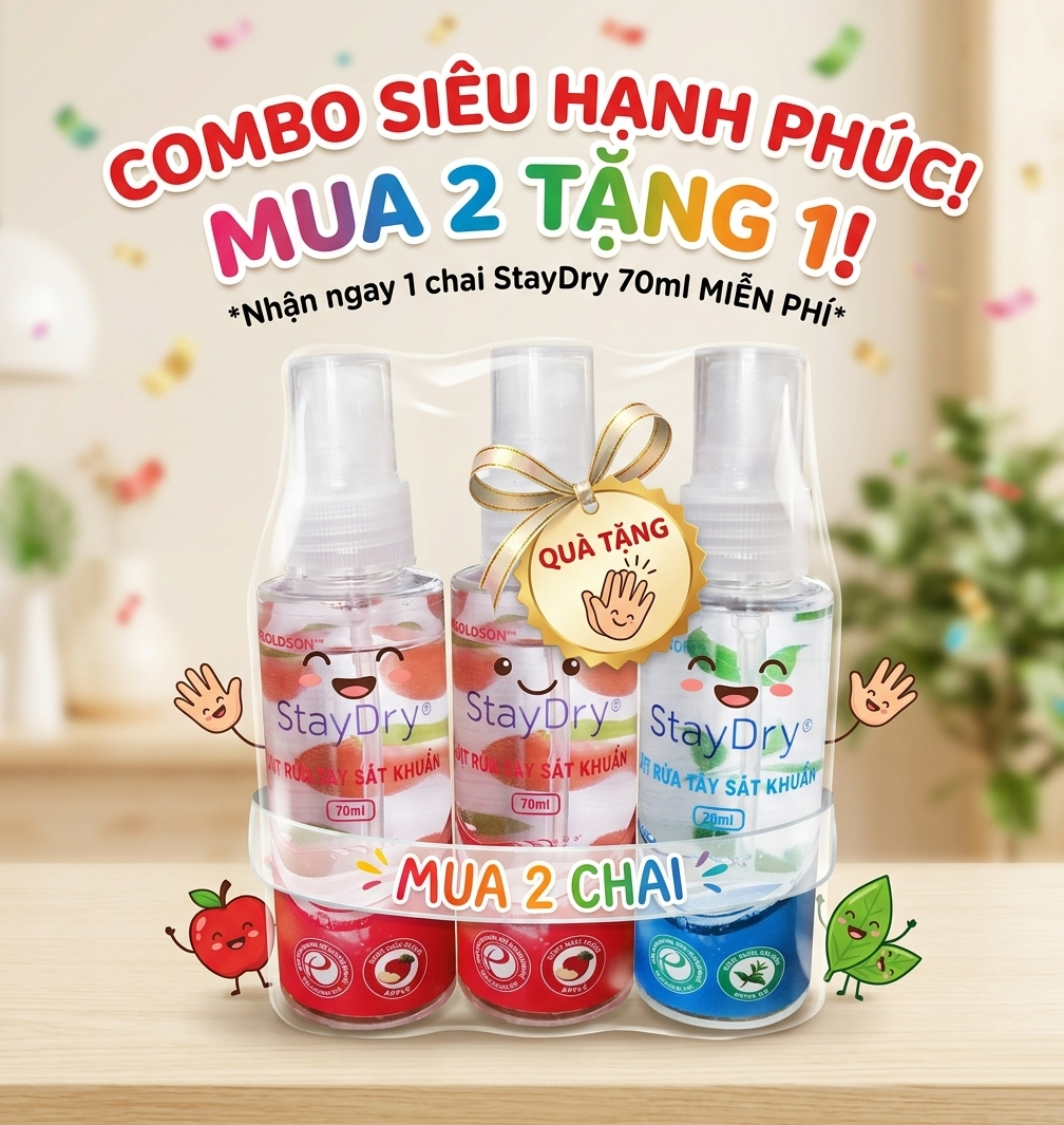 Combo 2 chai xịt rửa tay sát khuẩn StayDry tặng 1 chai ngẫu nhiên
