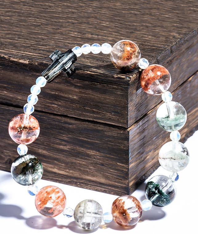 Vòng chuỗi mân côi thạch anh ưu linh đa sắc mix thánh giá pha lê - Vietgemstones
