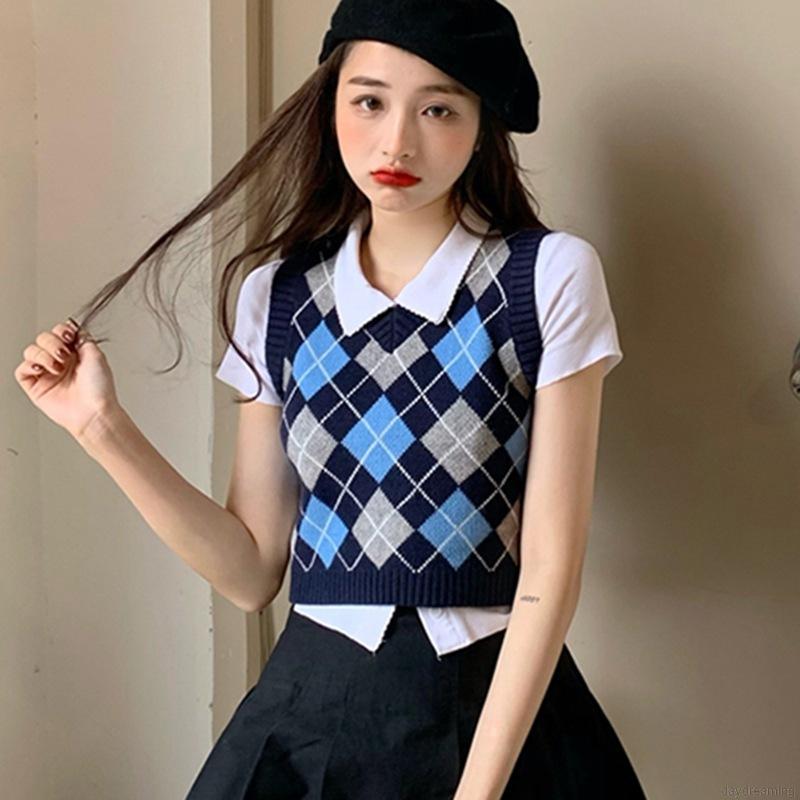 Áo Tank Top Dệt Kim Cổ Chữ V Kẻ Sọc Màu Tương Phản Cá Tính Cho Nữ