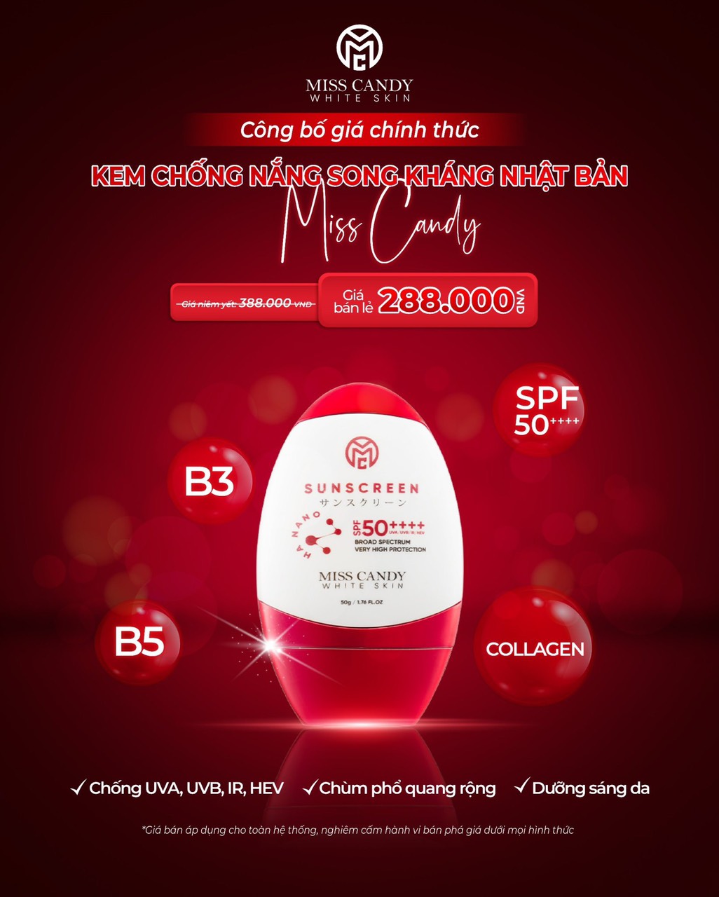 Kem Chống Nắng Song Kháng Nhật Bản MISS CANDY SUNSCREEN HA NANO SPF 50,PA ++++ 50g, Chống Nước, Chống UVA/UVB, Chống Ánh Sáng Xanh &amp; Tia Hồng Ngoại,Bảo Vệ Da Lên Đến 8 Tiếng - Gia Tuệ House