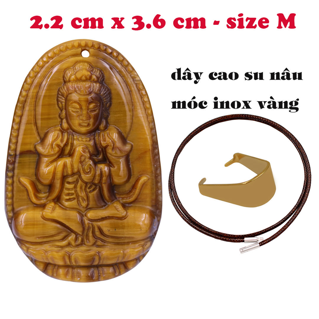 Mặt Phật Đại nhật như lai đá mắt hổ 3.6 cm kèm vòng cổ dây cao su nâu - mặt dây chuyền size M, Mặt Phật bản mệnh