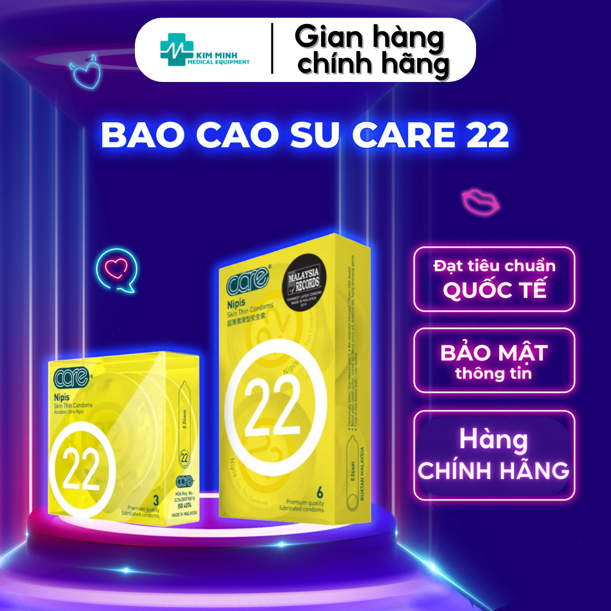 Bao cao su siêu mỏng Care 22 truyền nhiệt nhanh, nhiều gel, cao cấp cảm giác chân thật hộp 3, 6 chiếc
