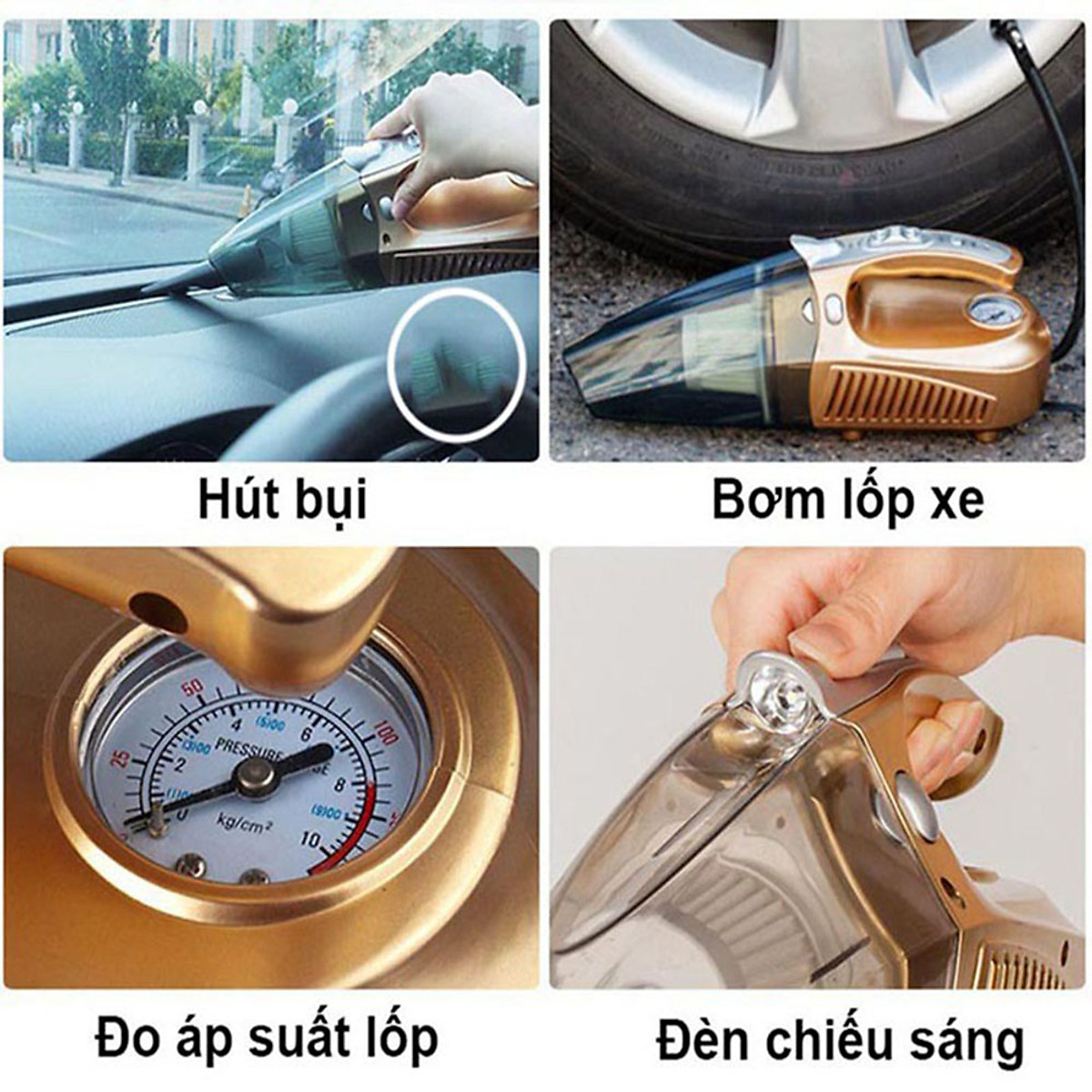 Máy hút bụi ô tô ,kiêm bơm lốp, đo áp suất lốp và đèn chiếu sáng, máy hút bụi ô tô đa năng, hút bụi ô tô 4 in 1, máy hút bụi ô tô cầm tay đa năng, máy hút bụi ô tô cầm tay 4 in 1