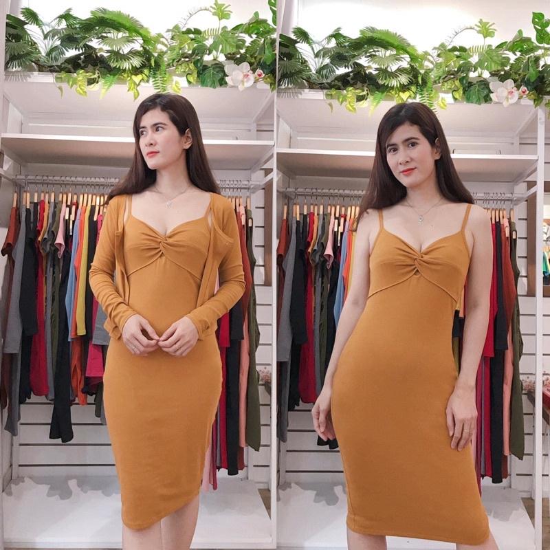 F497 Đầm ôm body 2 dây xoắn ngực kèm áo khoác