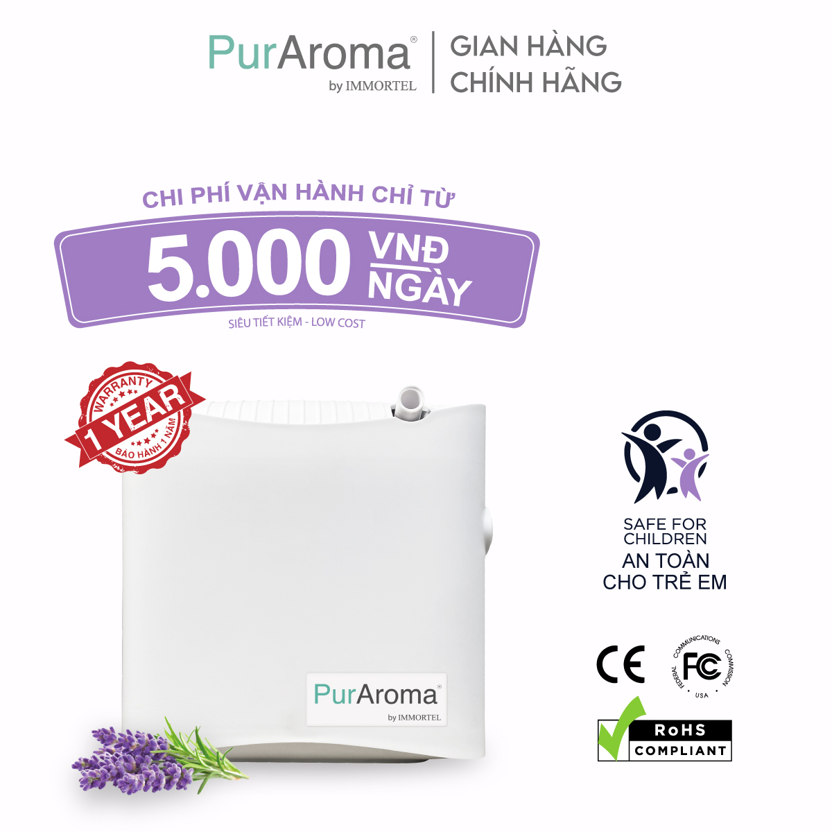Máy Khuếch Tán Tinh Dầu PurAroma - WPA 100S 5V - Công Nghệ Khuếch Tán Siêu Âm Nhật Bản