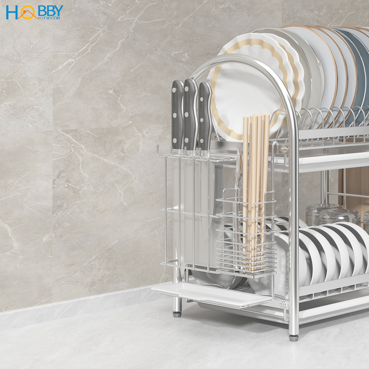 Kệ chén đa năng 2 tầng inox 304 có khay nhựa Hobby home decor KC2K