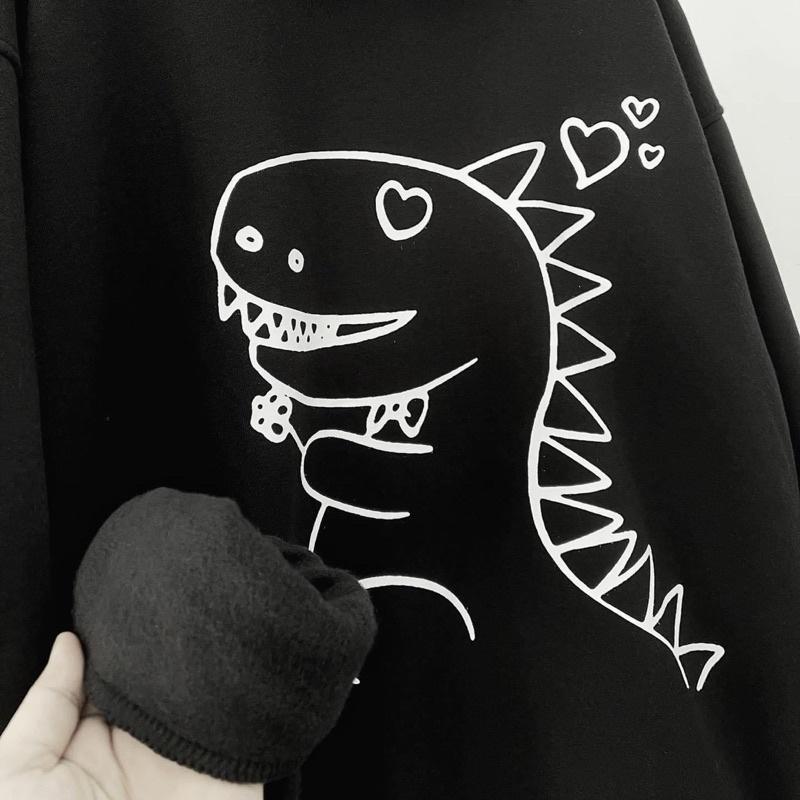 Áo Sweater Nỉ Đen Hoạ Tiết Khủng Long Bự Chà Bá ulzzang unisex, ÁO HOODIE MÀU ĐEN IN CHÚ KHỦNG LONG MÀU TRẮNG NỔI BẬT