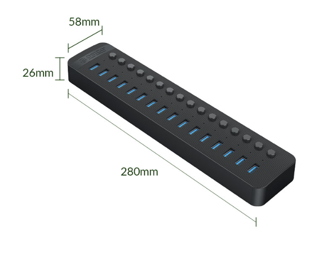 Bộ Chia USB HUB 16 Cổng USB 3.0 Với Các Công Tắc Riêng Lẻ ORICO CT2U3-16AB-EU-BK-BP (Có Adaptor)  màu đen -  Hàng Chính Hãng