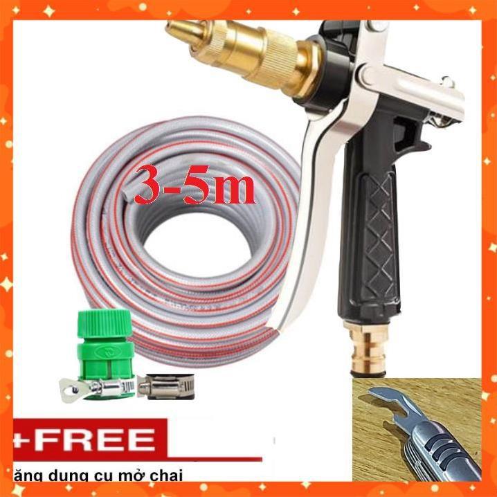 Bộ dây vòi xịt nước rửa xe,tưới cây .tăng áp 3 lần,loại 3m, 5m 206236 đầu đồng,cút nhựa,nối đai+ tặng mở chai