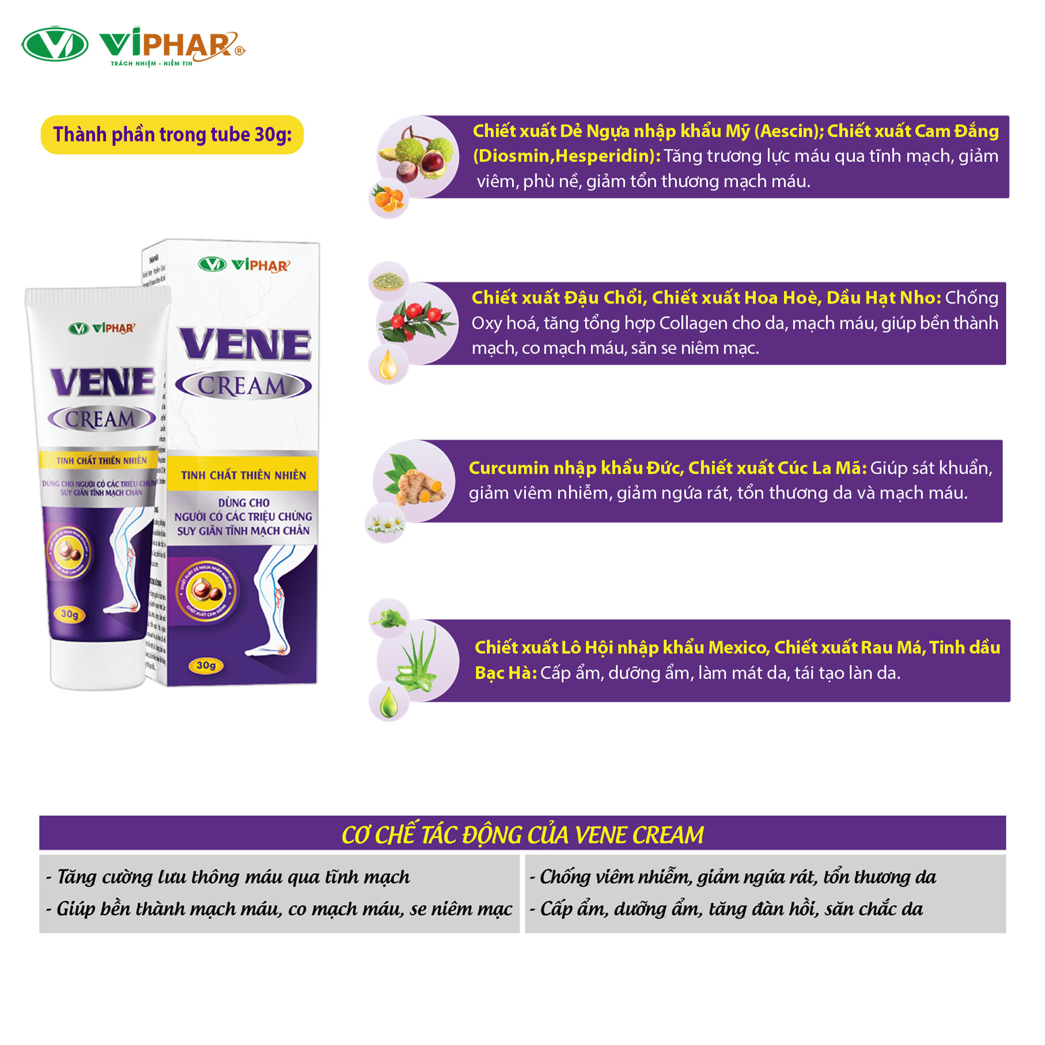 VENE CREAM Hỗ Trợ Giảm Đau Nhức Mờ Gân Xanh Đỏ Do Suy Giãn Tĩnh Mạch Chân Tube 30g