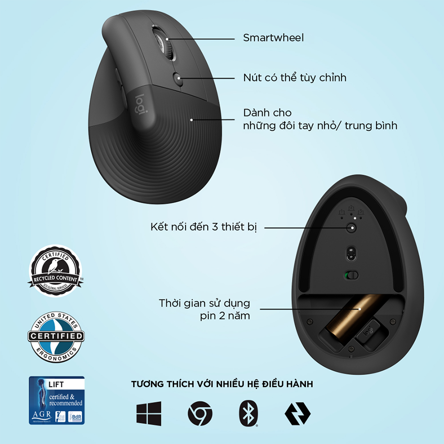 Chuột công thái học không dây Logitech Lift Vertical - Bluetooth|USB Logi Bolt, Silent giảm ồn, 4 nút tùy chỉnh, tương thích với Windows/macOS/iPad/PC - Hàng chính hãng