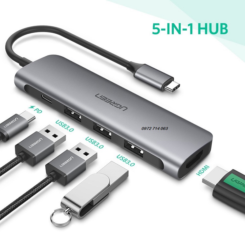 Bộ chuyển USB-C sang HDMI 4K30Hz kèm 3 cổng USB 3.0, 1 cổng sạc USB-C Cao Cấp Ugreen 50209 - hàng chính hãng