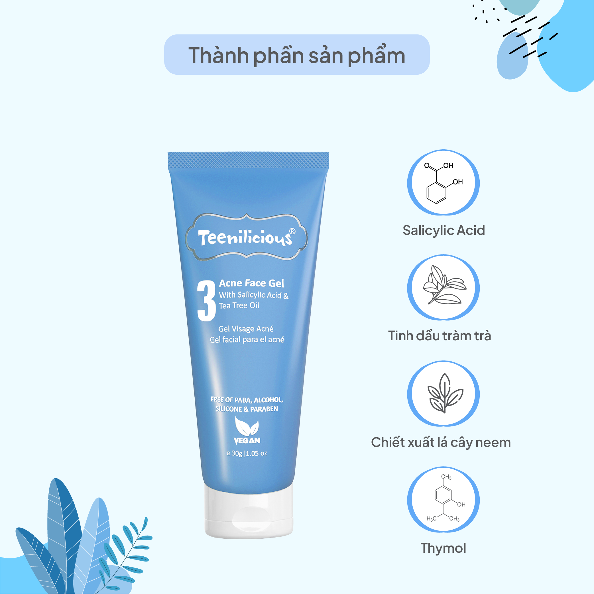 Gel Hỗ Trợ Trị Mụn, Giảm Mụn Dành Cho Da Dầu Mụn &amp; Da Nhạy Cảm Teenilicious Acne Face Gel - Tuýp 30g