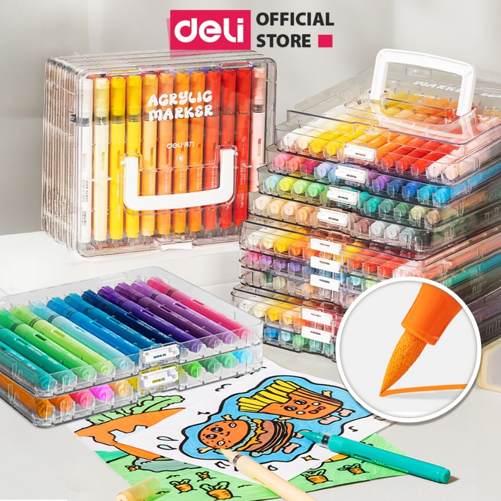 Bút Màu Acrylic Marker Roller Đầu Lông Mềm Deli-24/36/48/60 Màu Vẽ Trên Mọi Chất Liệu Bullet Journal
