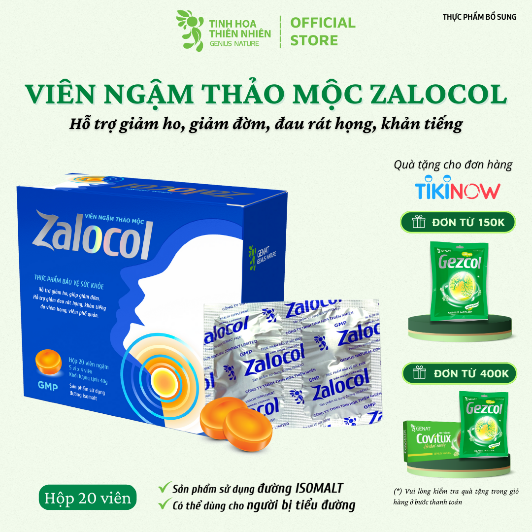 Viên ngậm ho thảo mộc Zalocol  Hỗ trợ giảm đờm, đau rát họng, khản tiếng (Hộp 20 viên) - Genat - Giao 2H HCM