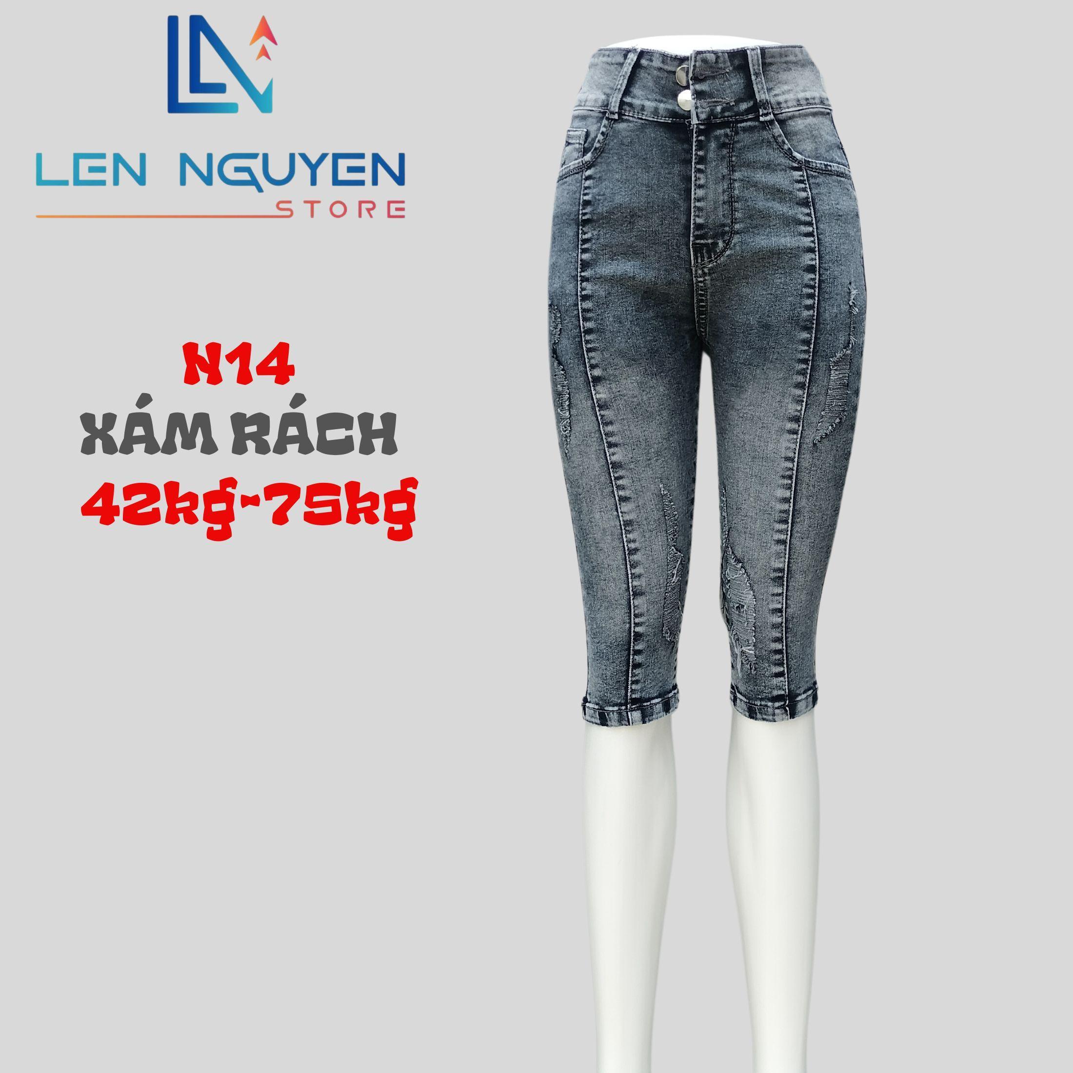 N14_Quần jean nữ, ngố 7 tất, lưng cao, quần bò nữ dáng ôm, quần rin nữ có big size, cho 42kg đến 75k - Xám Rách