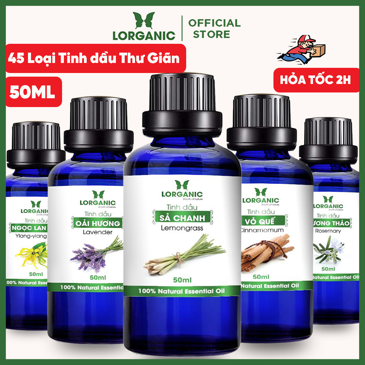 Tinh Dầu Xông Phòng Thư Giãn, Đuổi Muỗi 50ml LORGANIC Sả Chanh, Quế, Bạc Hà, Oải Hương Lavender, Tràm, Ngọc Lan Tây, Hương Thảo, Stress Relief, Sensual, Cam, Vỏ Bưởi, Bạch Đàn Chanh, Bưởi Chùm, Hoắc Hương, Long Não, Pơ Mu, Gỗ Thông