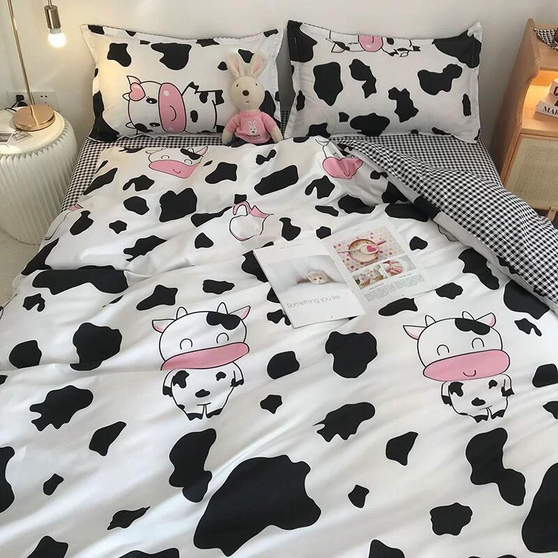 Bộ chăn ga gối Cotton poly M2T bedding Bò sữa đen, vỏ chăn mền, drap nệm và 2 vỏ gối