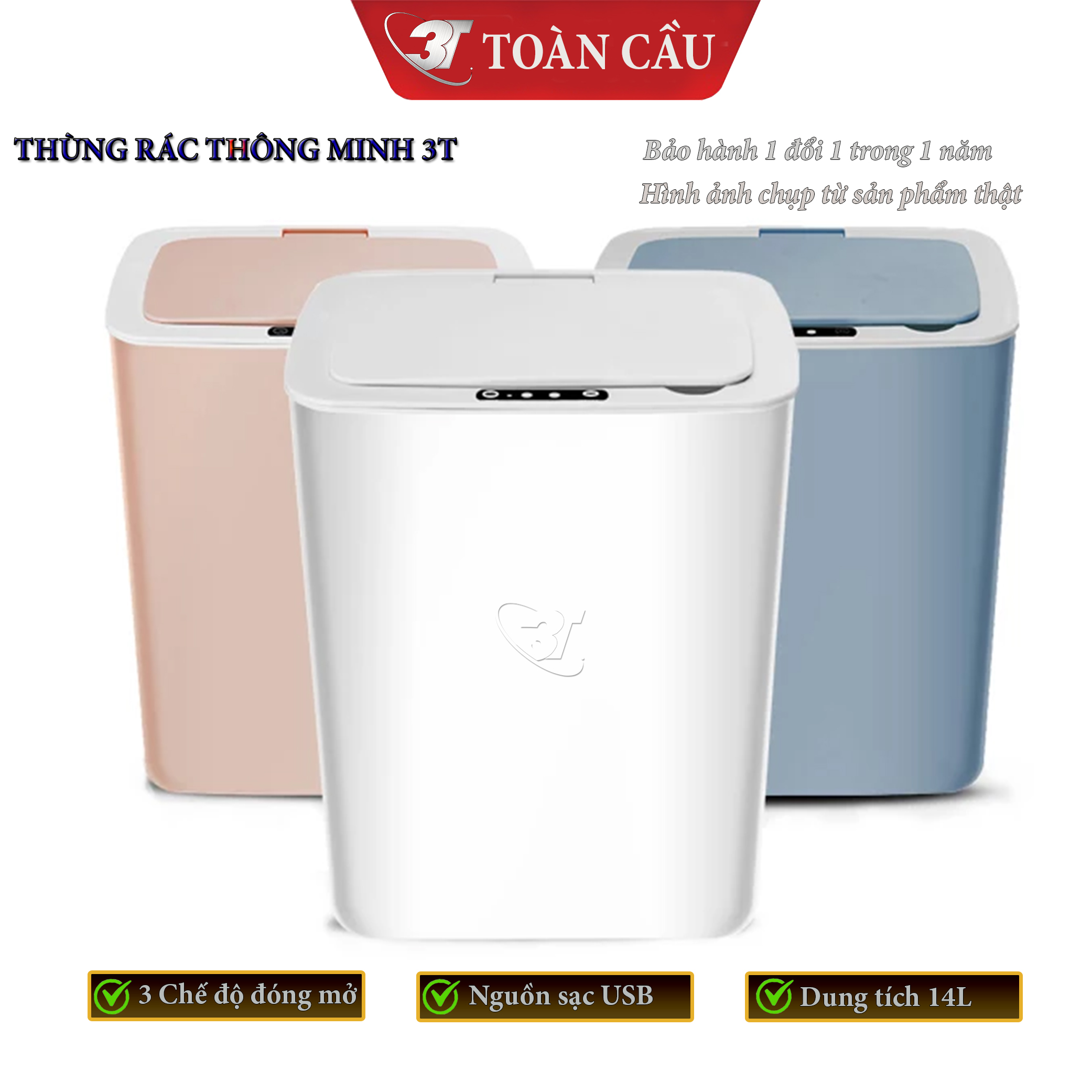 Thùng Rác Cảm Biến Thông Minh 14L Với 3 Chế Độ Mở Nắp Tự Động, Sử Dụng Nguồn Sạc, Nút Ấn Cảm Ứng