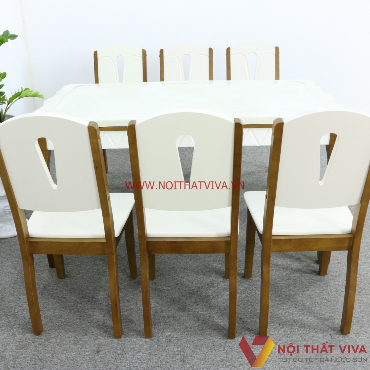 Bộ Bàn Ăn Mặt Đá Cẩm Thạch Gỗ Xoan 6 Ghế Màu Óc Chó Phối Trắng Cao Cấp