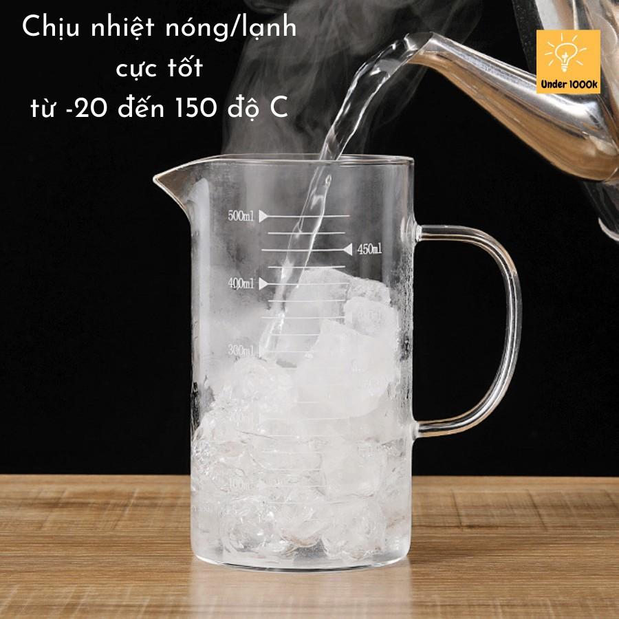 Cốc thủy tinh chia vạch có quai nắp gỗ, ca thủy tinh chia dung tích