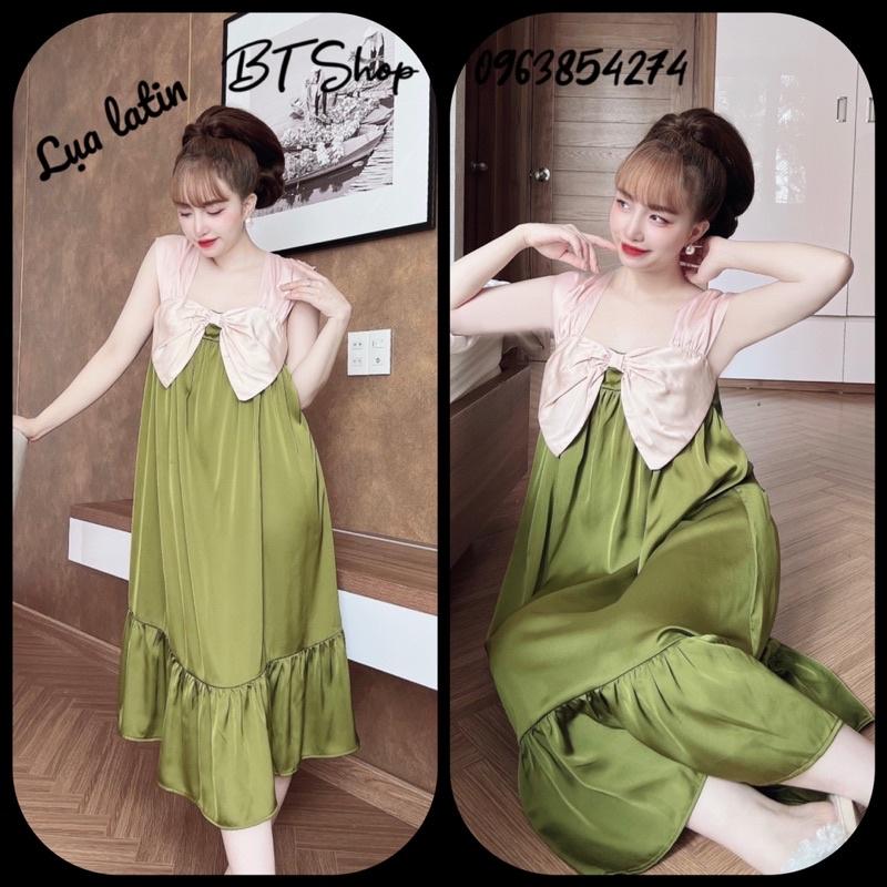 Váy đầm ngủ mặc nhà lụa latin nơ màu trơn freesize 42-57kg