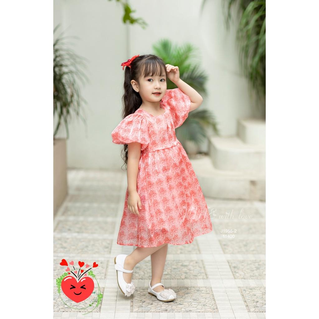 Đầm babydoll hoa hồng cho bé gái tay phồng phong cách Hàn Quốc từ 12-35kg chất vải tơ mềm mát