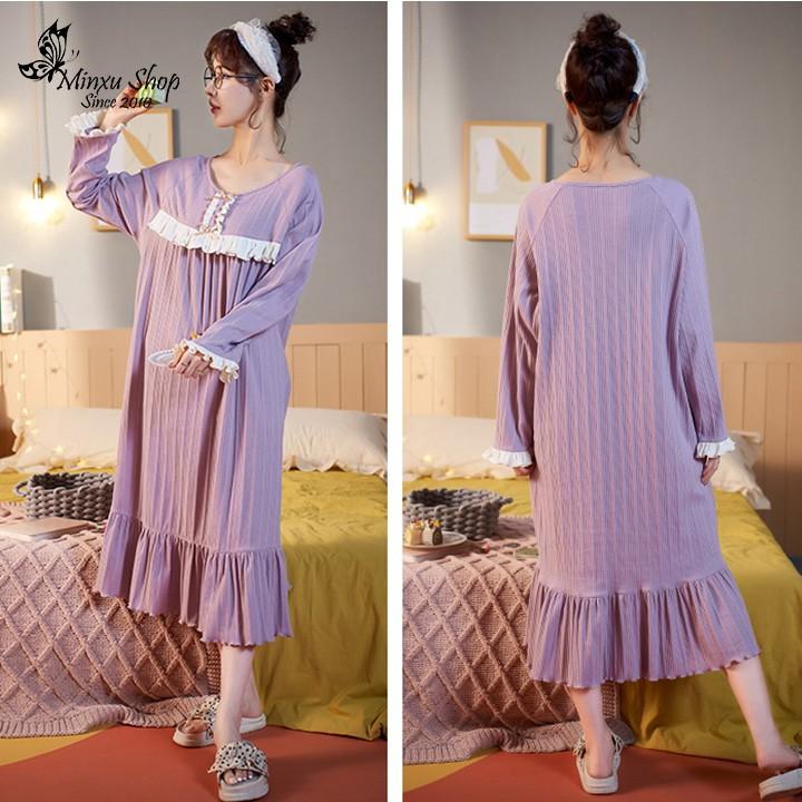 Váy ngủ mặc nhà mùa đông đầm ngủ dài tay sexy dễ thương vải Cotton sợi bông mềm mịn, thoáng khí, thấm mồ hôi (VD175