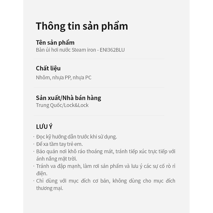 Bàn ủi hơi nước ENI362BLU LocknLock - Dung tích 340ml - 220-240V, 50/60Hz, 2000-2400W - Hàng chính hãng