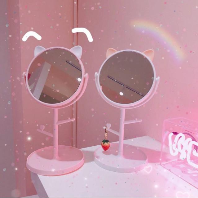 Gương trang điểm tai mèo xoay 360 độ để bàn
