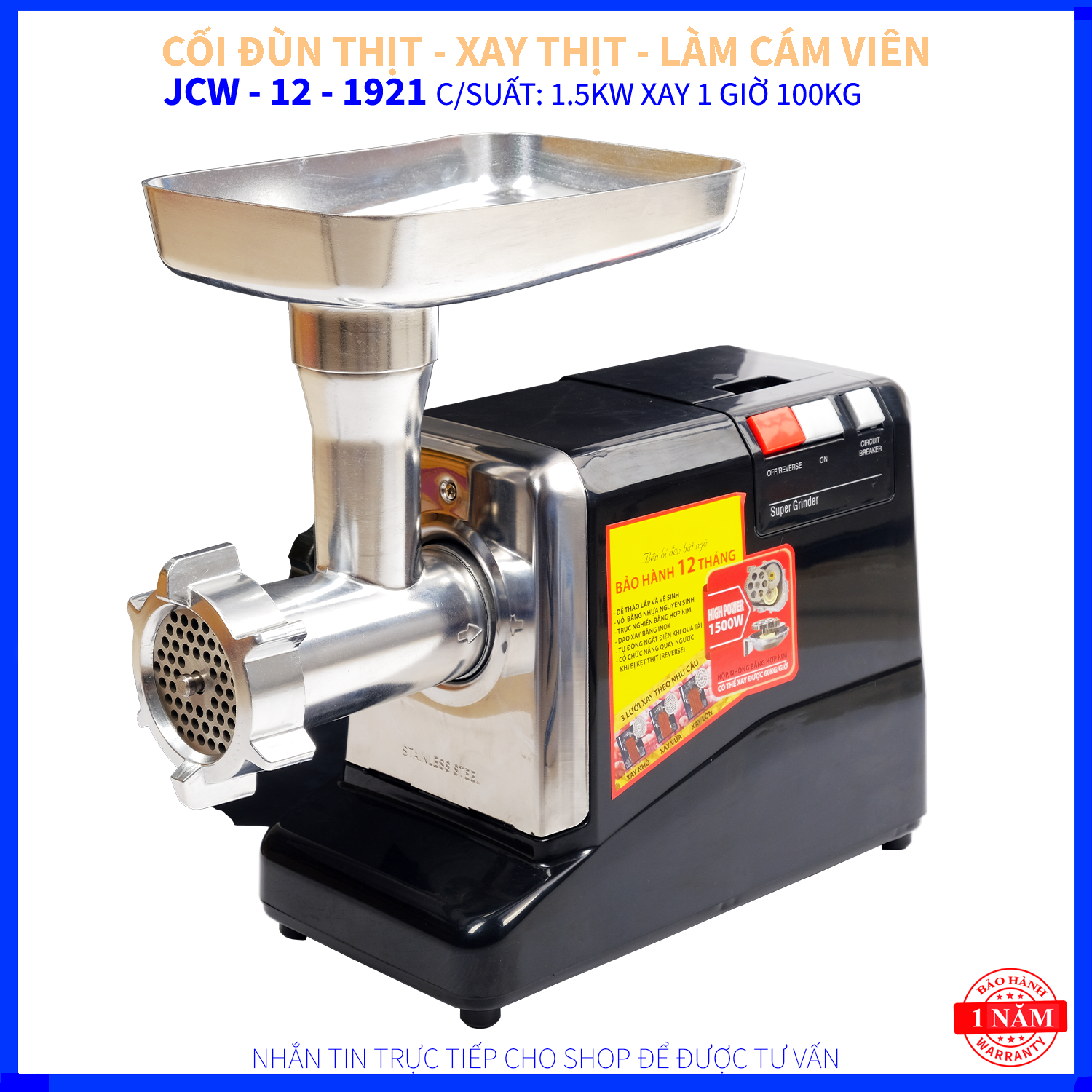 CỐI ĐÙN THỊT JCW 12 GANG 100% - CHÂN ĐẾ SẮT - 1 DÂY CURO - MÔ TƠ 1.1KW - 1.5HP