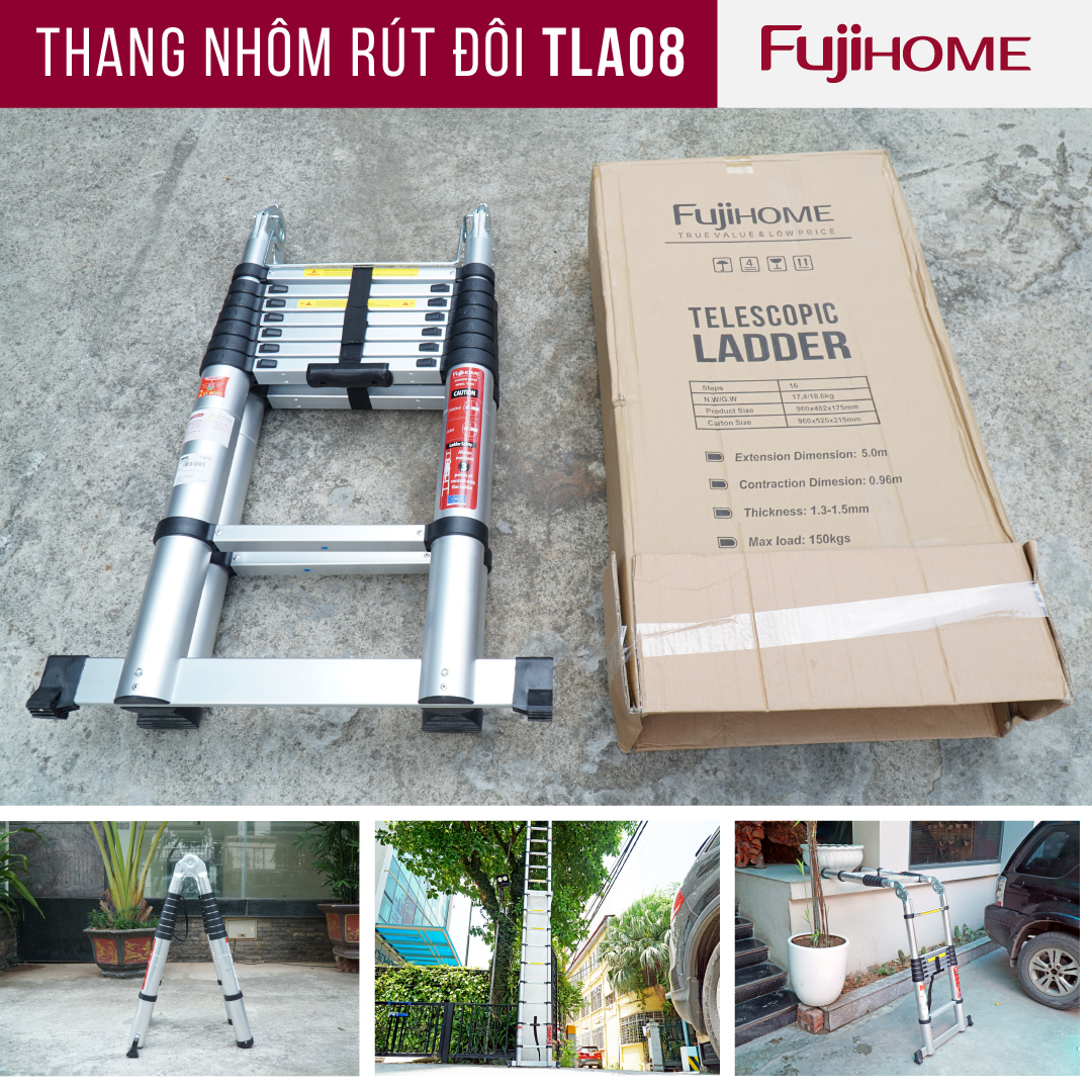 Thang nhôm rút gọn chữ A  FUJIHOME TLA08 ( Chiều cao chữ A  2,5m - Cao chữ I 5m, Khóa an toàn, đế chống trượt) Hàng Chính hãng