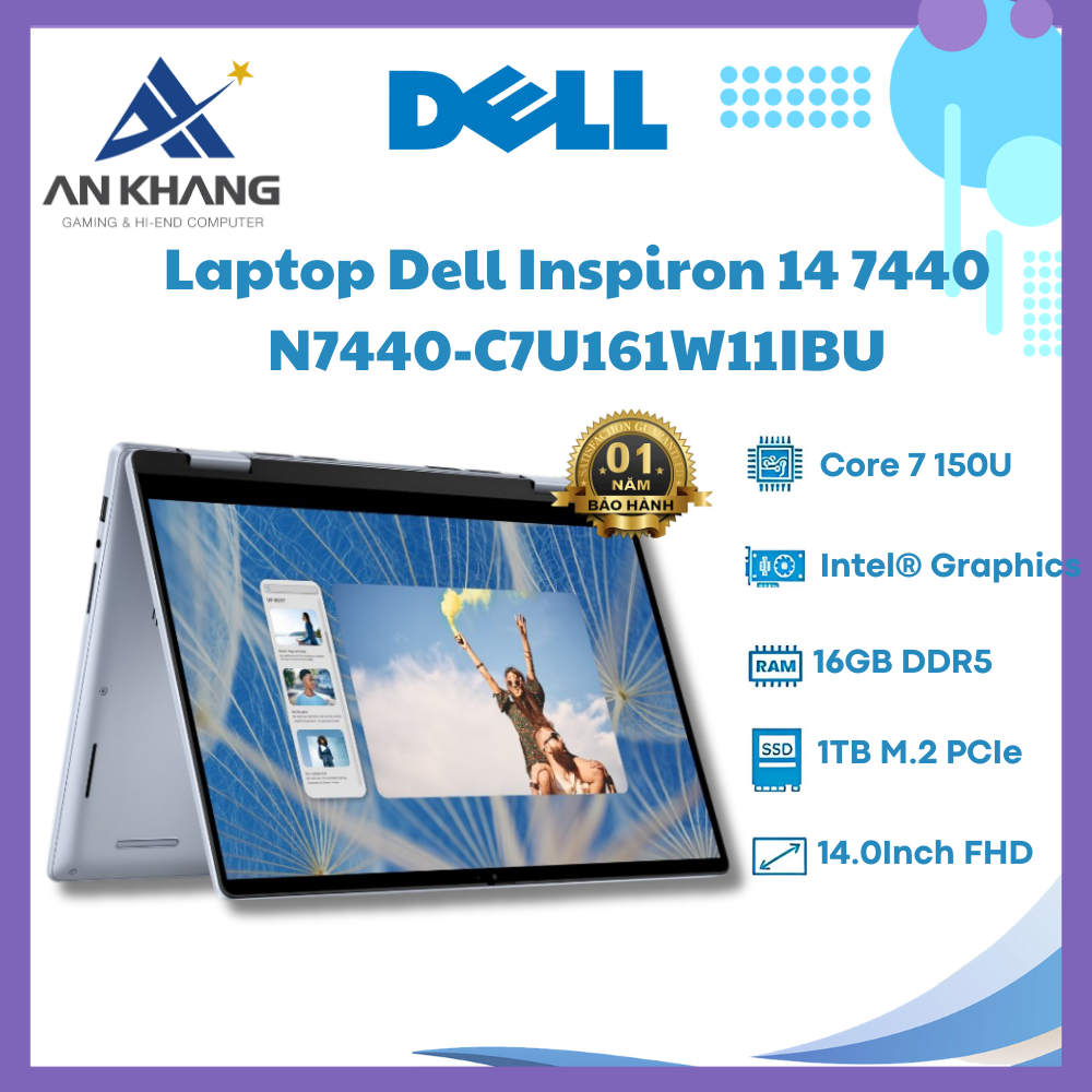 Laptop Dell Inspiron 14 7440 2-in-1 N7440-C7U161W11IBU (Intel Core 7 150U | 16GB | 1TB | 14 inch FHD+ | WIn 11 | Office | Xanh) - Hàng Chính Hãng - Bảo Hành 12 Tháng