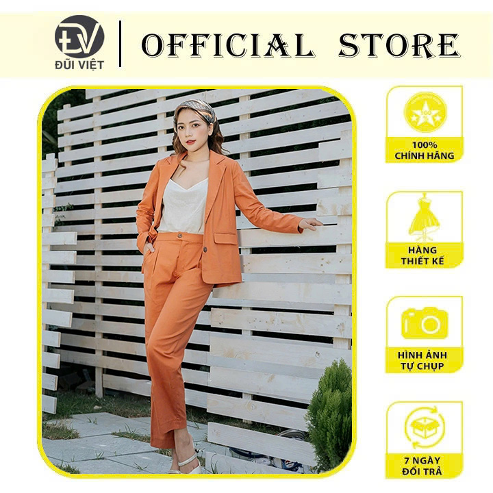 Bộ vest blazer nữ dáng suông nhẹ vintage chất vải linen mịn thoáng màu cam trẻ trung Đũi Việt