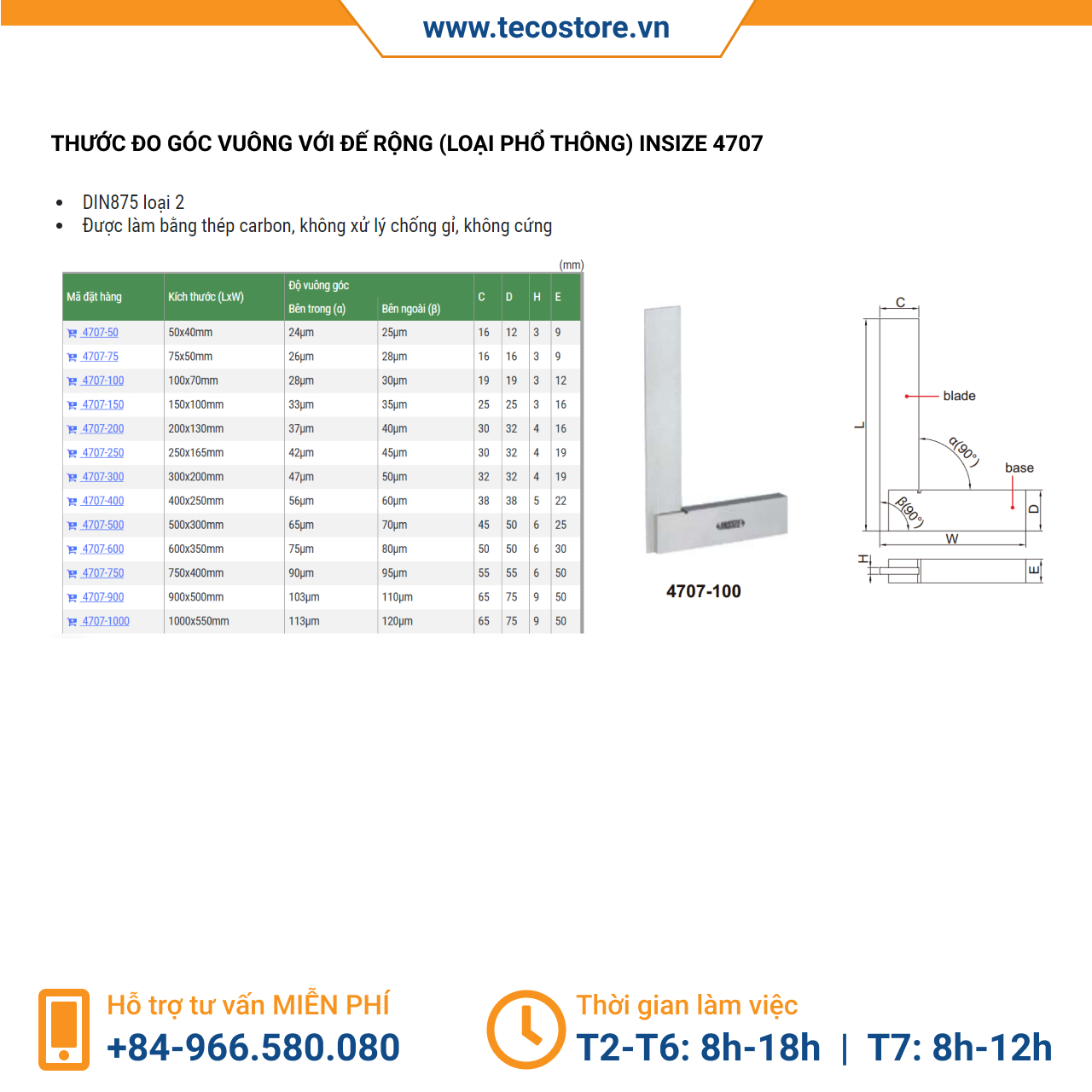 Thước đo góc vuông với đế rộng (loại phổ thông) Insize 4707