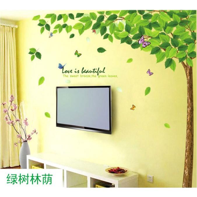 Decal trang trí Cây Lá Xanh Hoa Bướm kèm chữ A.H