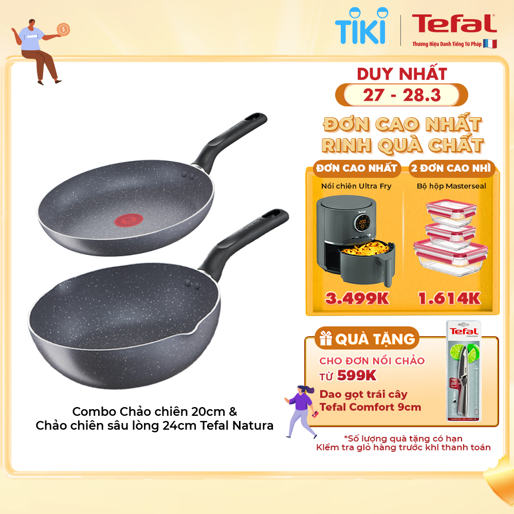 Combo Chảo chiên Tefal Natura B2260295 20cm & Chảo chiên sâu lòng Tefal Natura B2266495 24cm - Dùng được trên bếp gas/ bếp hồng ngoại - Công nghệ báo nhiệt thông minh - Hàng chính hãng