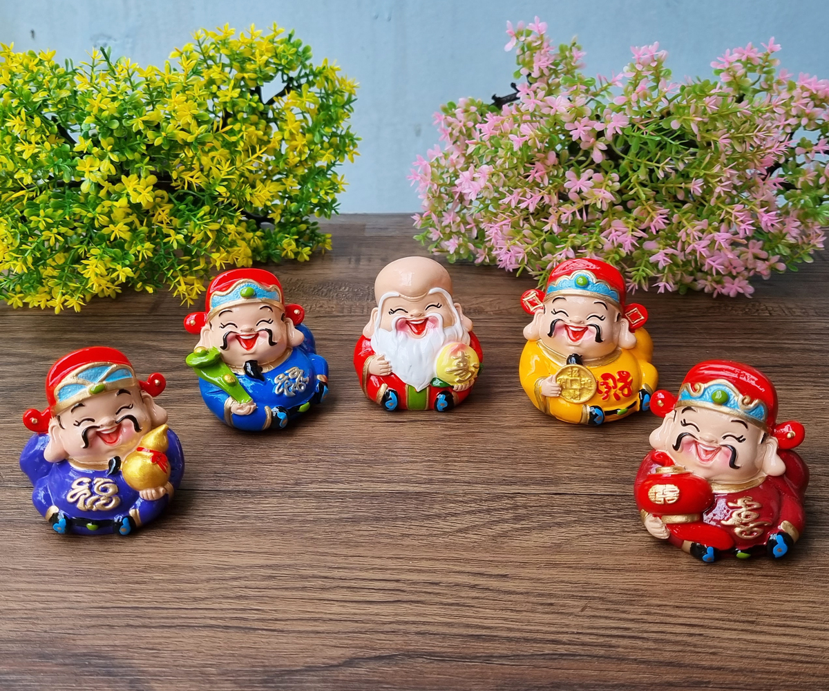 Bộ Ngũ Phúc Lâm Môn 7cm tròn đầy kèm đế Tài Lộc Phát - tặng kèm túi 50 xu vàng mini may mắn