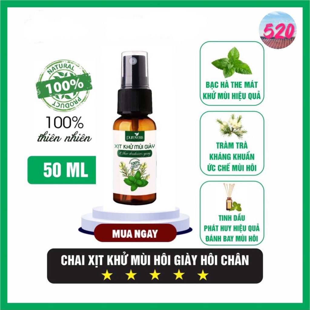 Xịt khử mùi giày Purevess tinh chất bạc hà the mát và tràm trà an toàn cho da