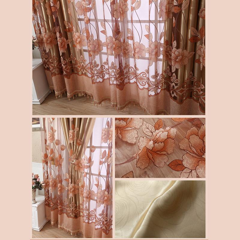 2 tấm Rèm cửa sổ vải voan đính hoa văn bảng to kèm tua rua phía thân dưới kích thước 100 * 250 cm-Màu Cà phê