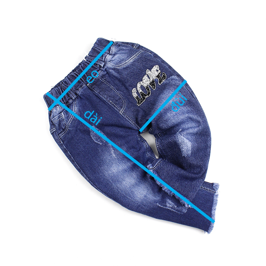 Quần jean xanh đậm lửng qua đầu gối đính đá LOVE cho bé gái 0.5-2 tuổi từ 9 đến 13 kg 05038