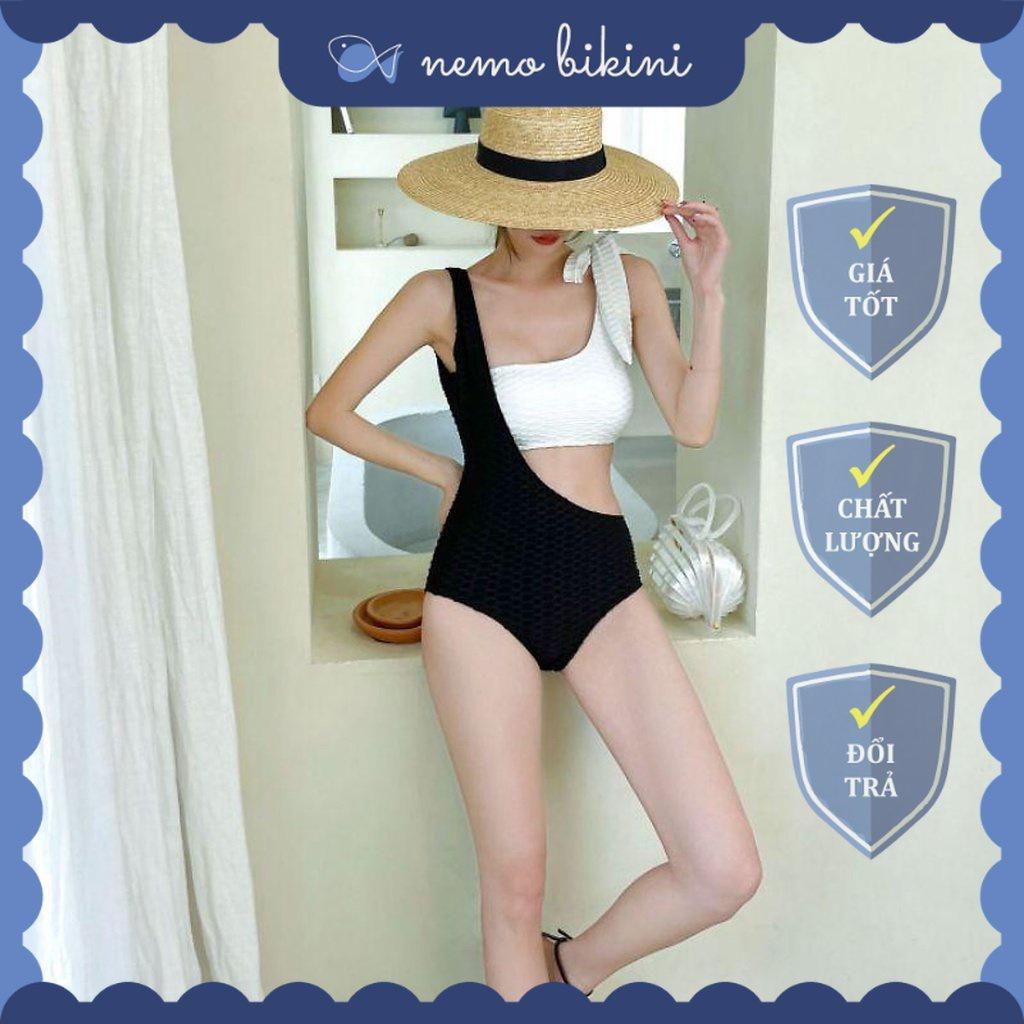 [HOẢ TỐC] Bikini sexy đi biển, đồ bơi nữ 1 mảnh tôn dáng trắng phối đen vải nhún Nemo Bikini - B47 - Trắng phối đen