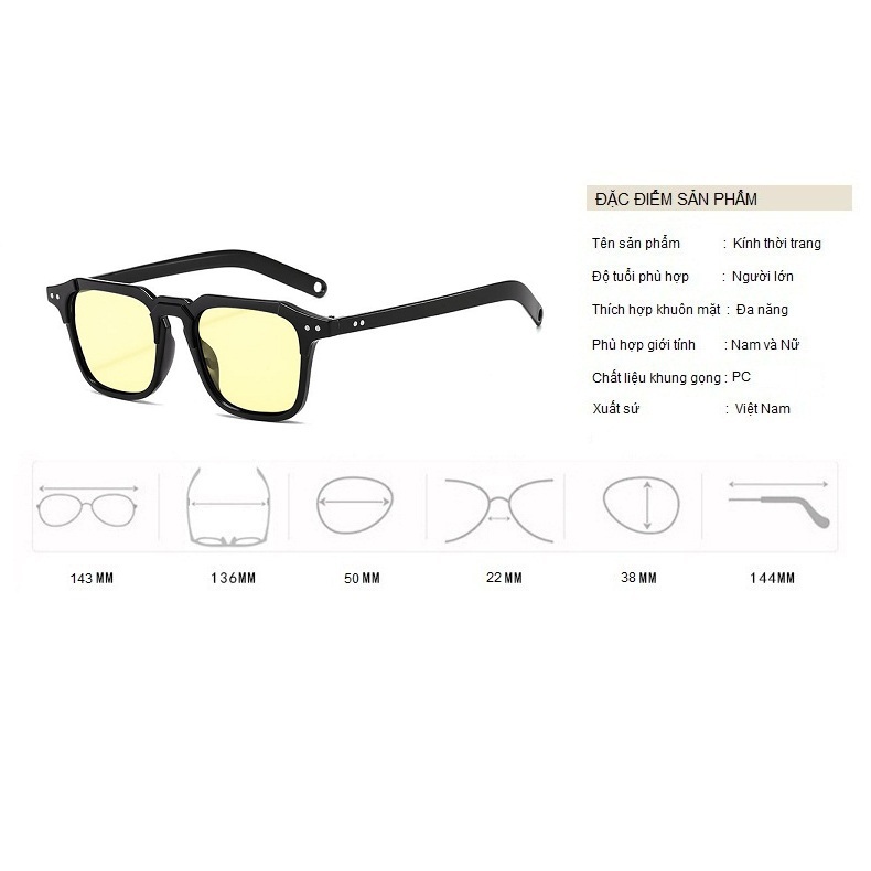 Kính Râm, Kính Mát Mắt Vuôg Góc Cạnh Màu Vàng Khung Đen Hàn Quốc
