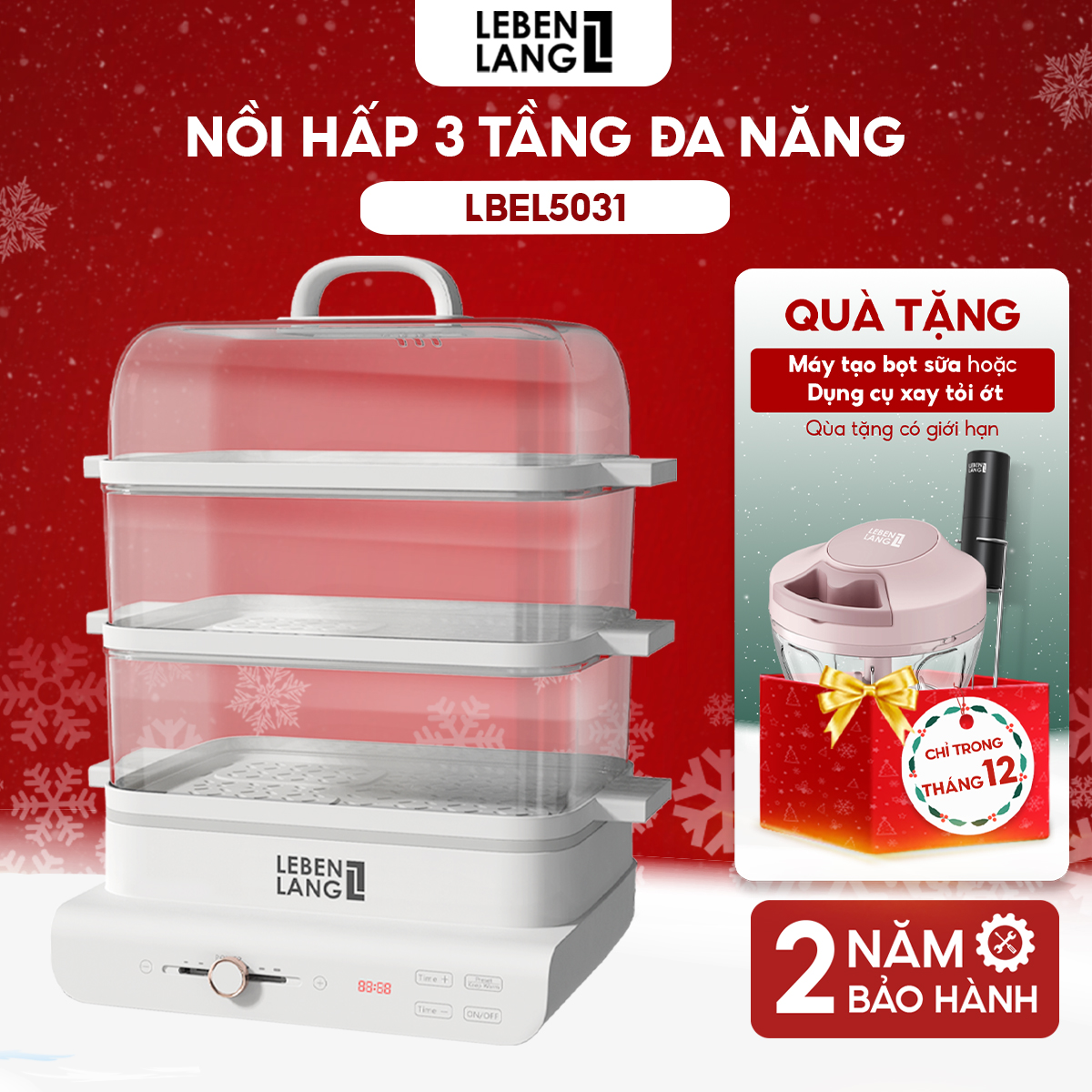 Nồi Hấp Điện Đa Năng Lebenlang Lbel5031 Nồi Hấp 3 Tầng, Siêu Tiện Lợi, Dung Tích 18L, Công Suất 900W - Hàng Chính Hãng