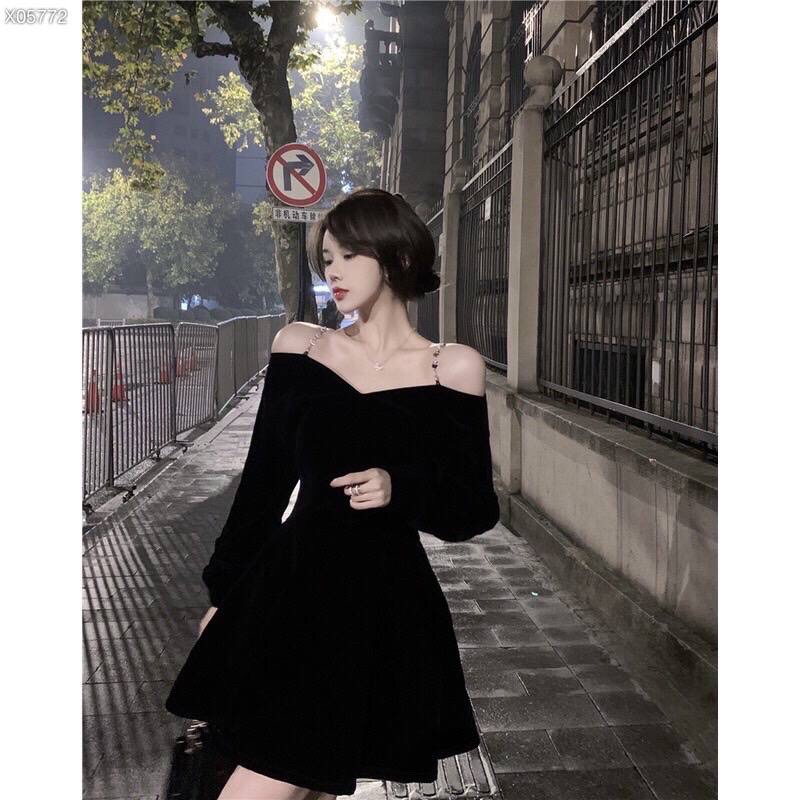 ĐẦM NHUNG SUÔNG TRƠN DÂY TRỄ VAI DỰ TIỆC GIÁNG SINH NOEL ĐEN