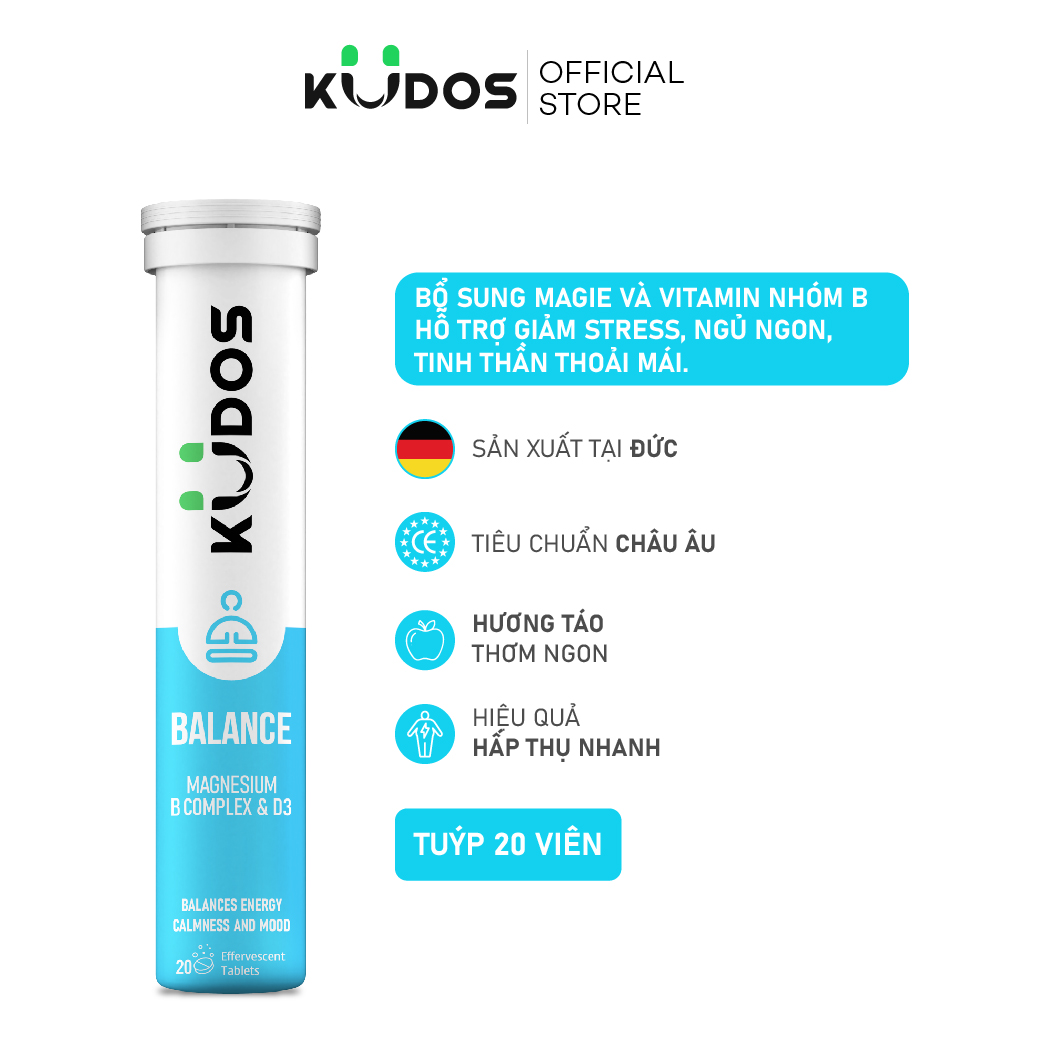 Viên sủi KUDOS BALANCE - Thực phẩm bảo vệ sức khỏe KUDOS BALANCE MAGNESIUM with B vitamin complex & D3 (20 viên/ tuýp)