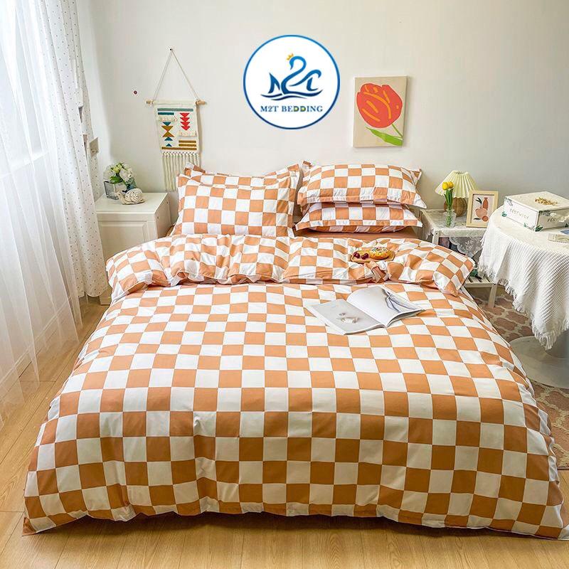 Bộ chăn ga gối Cotton poly M2T Bedding, vỏ chăn mền, drap ga giường và 2 vỏ gối nằm - PL Bàn cờ vua cam nâu
